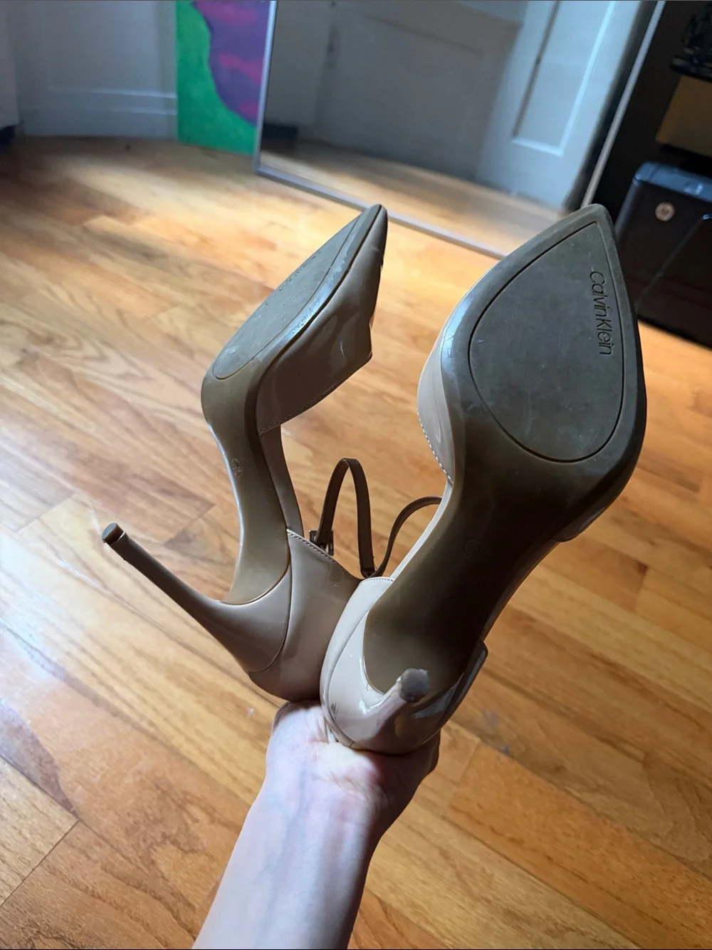 Calvin Klein Nude Patent Pointed-Toe Ankle-Strap Pumps